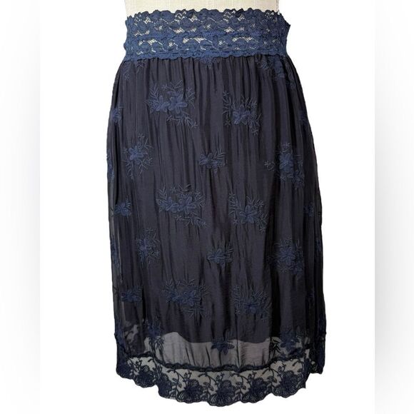 Nicole Italy Navy Blue Silk Floral Embroidered Lace Trim Pull On Skirt - Picture 4 of 8